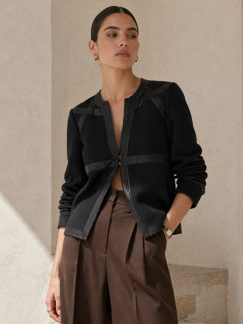 Chloé Chloe Black Wool Cashmere Jacket Leather Trim Paris 40 Cardigan